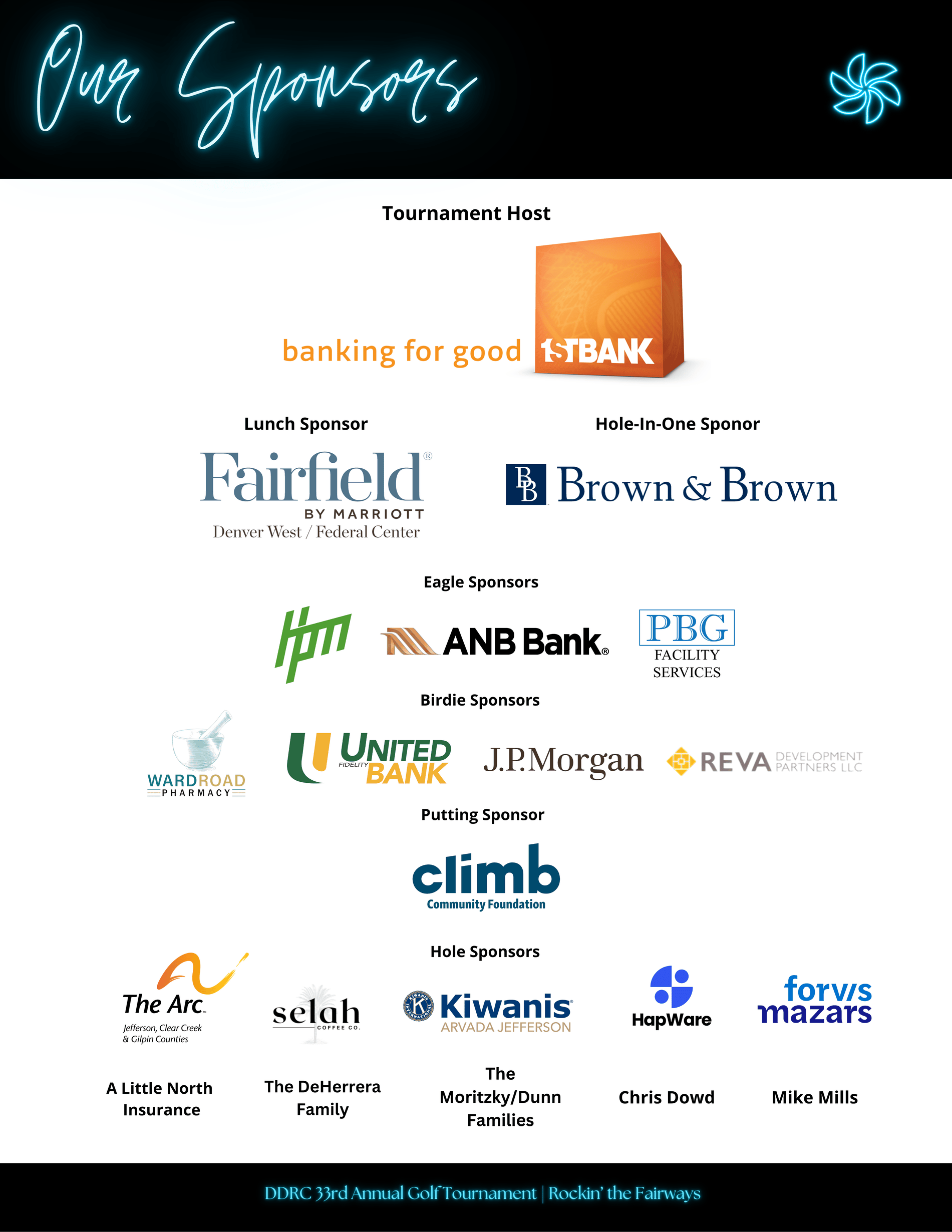 DDRC, FirstBank (1stBank) – Banking for Good, Brown & Brown, Fairfield by Marriott – Denver West / Federal Center, HPM, ANB Bank, PBG Facility Services, Ward Road Pharmacy, United Fidelity Bank, J.P. Morgan, Climb Community Foundation, REVA Development Partners LLC,  A Little North Insurance, The Arc – Jefferson, Selah Coffee Co., Forvis Mazars, Chris Dowd, Kiwanis – Arvada Jefferson, HapWare, The DeHerrera Family, The Moritzky/Dunn Families, Mike Mills