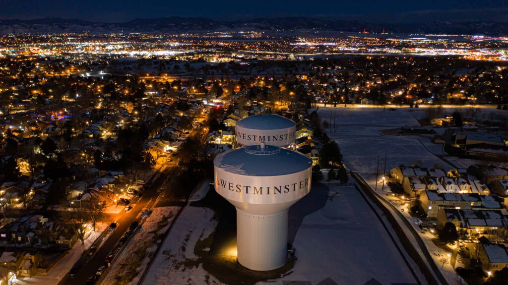 Water towers at night in Westminster, Colorado