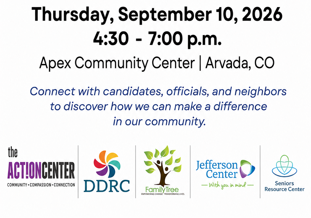 Legislative BBQ flyer. Thursday, September 10, 2026, 4:30 to 7:00 p.m., Apex Community Center, Arvada, Colorado. Cohosted by The Action Center, DDRC, Family Tree, Jefferson Center, and Seniors Resource Center.